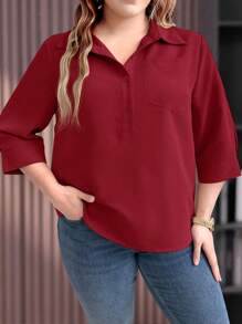 EMERY ROSE 大码纯色休闲衬衫，春夏 - 酒紅色 - 查看 5