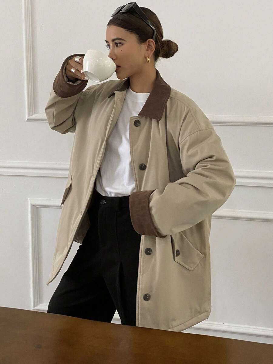 DAZY 女士撞色宽松长袖翻领口袋羽绒服，冬季女装，冬季外套