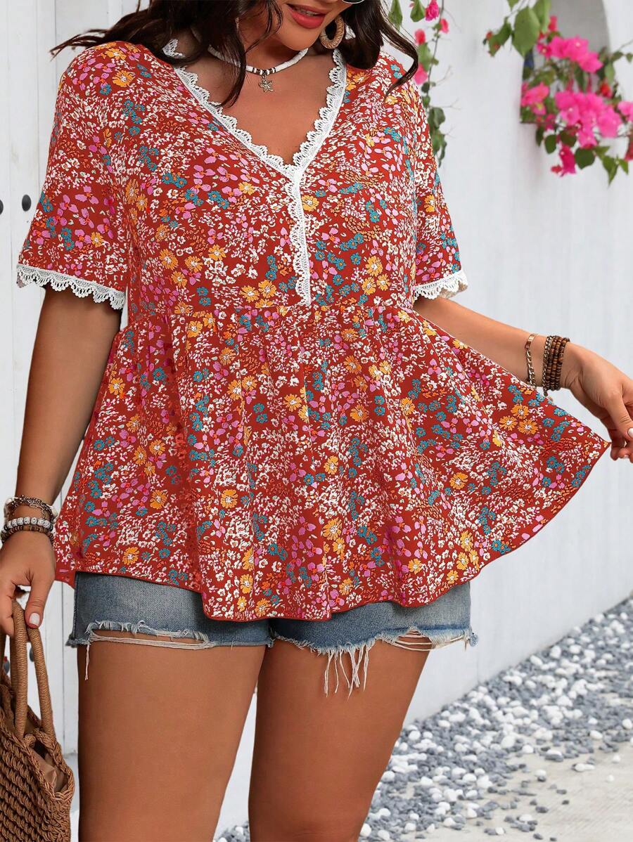 Flirla Plus Size Women's Random Printed Short Sleeve Shirt - Red - View 1
