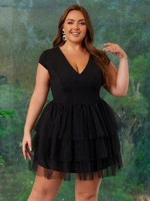 Đầm dự tiệc tối thanh lịch cho nữ cỡ lớn màu trơn cổ chữ V lưới tương phản, đầm dự tiệc cocktail bán trang trọng, dự tiệc sinh nhật, tốt nghiệp, tiệc tối, dạ hội - màu đen - Xem 4