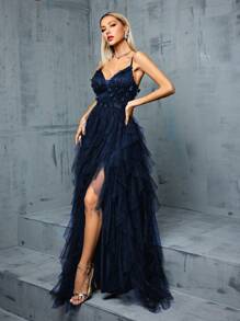 Đầm cổ chữ V gợi cảm, thêu 3D và phối lưới xếp nếp, xẻ cao, thanh lịch, thích hợp cho dạ hội, tiệc cưới, lễ tốt nghiệp, tiệc tối mùa xuân. - Xanh đậm - Xem 1