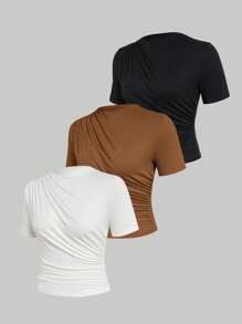 Sweetra Áo thun cổ gập màu trơn có kích thước lớn dành cho nữ - Nhiều màu - Xem 3