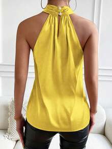 Chiquease Solid Criss Cross Halter Satin Blouse - Yellow - View 2