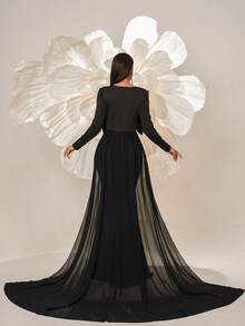 Missord Ladies' Sheer Mesh Beaded Decor Long Sleeve Prom Dress Black Elegant Formal Evening Wedding Guest Gown, For Graduation, Dinner - Black - View 2