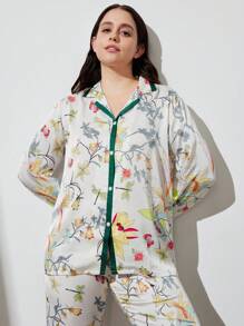 LUVLETTE 秋冬季碎花缎面长款女士睡衣套装休闲套装内衣秋季睡衣 - 綠色 - 查看 3