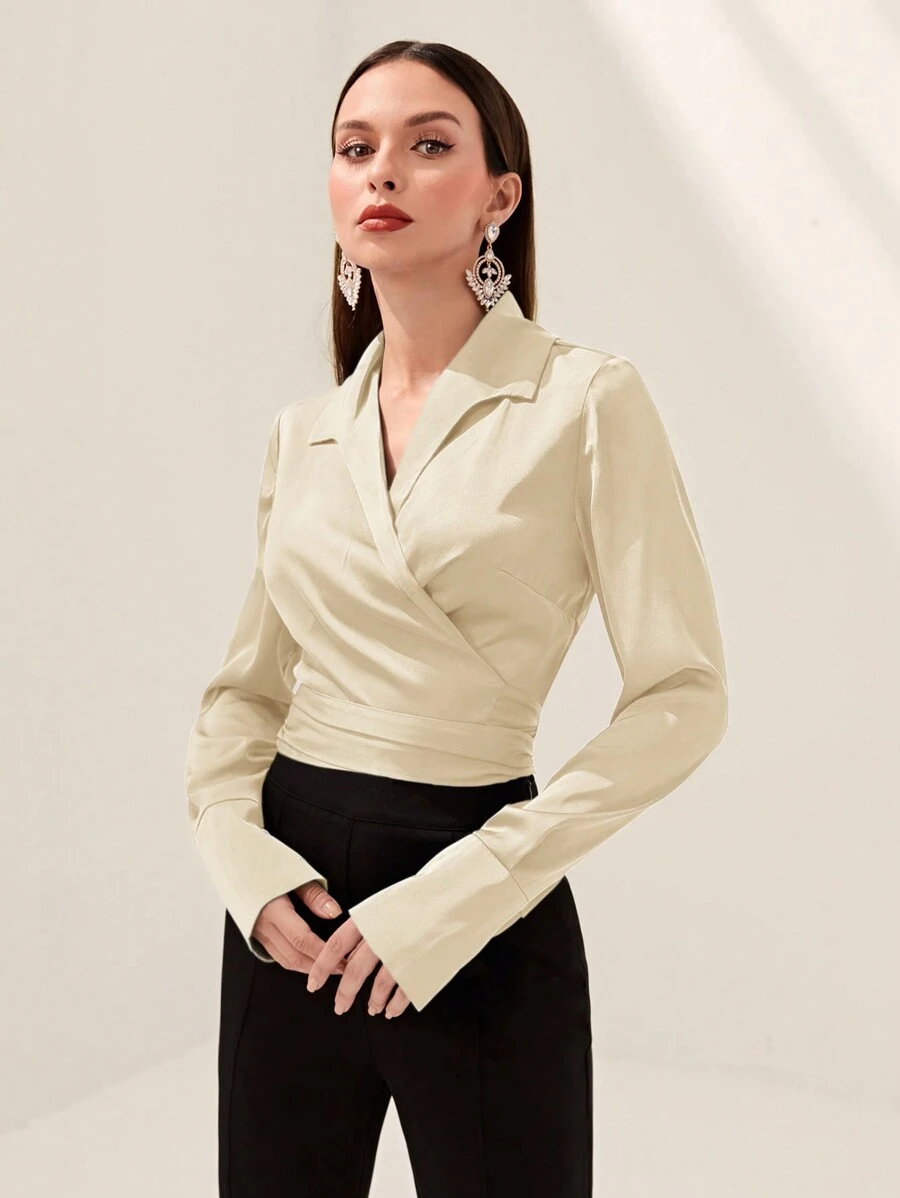 Modelyn Áo sơ mi nữ dài tay cổ chữ V thắt lưng lưng thanh lịch và thời trang - Rượu sâm banh - Xem 1