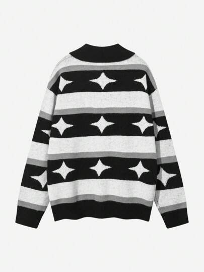 Academia Men's Collared Half Button Striped Sleeve Long Sleeve Sweater, Daily Casual, School