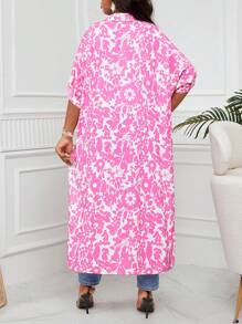 SHEIN Lady Plus Size Women's Pink Flower Printed Shirt-Style Top With Asymmetrical Hem, Summer Robes Going Out - Pink - View 2