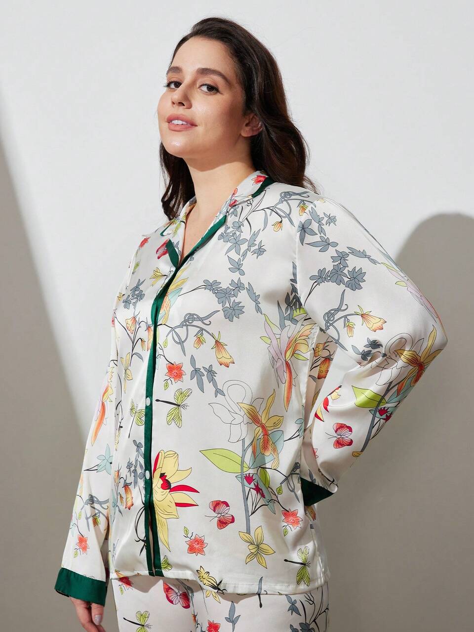 Conjunto de pijama largo de satén con estampado floral para mujer, conjunto de ropa de estar en casa para otoño, primavera y verano