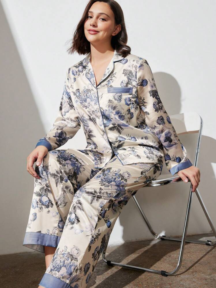 LUVLETTE Ensembles de pyjamas longs en satin à fleurs d'automne et d'hiver pour femmes, ensembles de détente, sous-vêtements, vêtements de pyjama d'automne - Bleu et Blanc - Voir 2