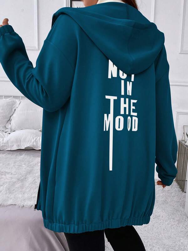 Flirla Plus Size Women's Loose Hooded Jacket With Slogan Print, Drop Shoulder And Long Sleeve, For Spring And Autumn Fall Winter Cloth For Women