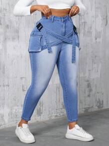 SHEIN CURVE+ Plus Size Women Elastic Waist Belt Design Blue Denim Skinny Pants - Blue - View 5