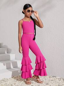 SHEIN Leap Crew Girls Solid Cami Top & Flare Leg Trousers - Hot Pink - View 6