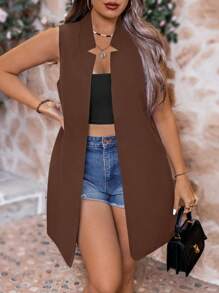 Calvaya Plus Size Women's Long Solid Color Open Front Vest, Summer Graduation,Back To School,Teacher Outfits For Women - Coffee Brown - View 1