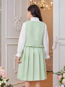 SHEIN Girls' (Big) Front Button Long Sleeve Shirt, Lace Sleeveless Jacket And Pleated Skirt Set