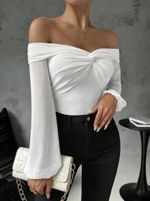 SHEIN Privé 25+ 件休閒風圓燈籠袖網紗上衣，露肩設計，修身適合女性 - 白色 - 查看 5