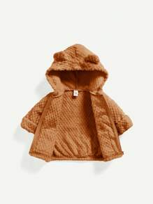 嬰兒女童厚款連帽純色絨毛外套 - 摩卡棕 - 查看 3