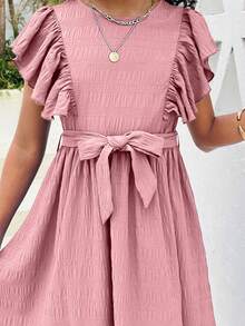 SHEIN Tween Girl Tkana wiosenna sukienka z okrągłym dekoltem, wakacyjna, swobodna mini sukienka z krótkim rękawem - Słodki róż - Zobacz 5