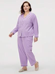 LUVLETTE Autumn And Winter Women's Plus-Size Purple Soft 100% Pure Cotton Pajama Set Lapel Top And Pants Basic Long Women Pajama Set Lounge Set Fall Pajamas