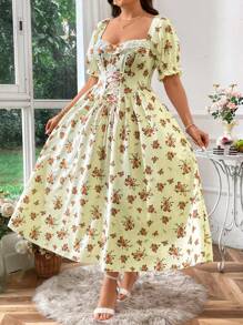 Sunnyshic Vestido romántico de talla grande con estampado floral, cintura ajustable con cordón, mangas abullonadas y ribete de encaje alrededor del pecho