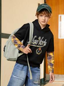 SHEIN Boys' Plaid Patchwork Look Up American Style Sweatshirt - Black - View 1