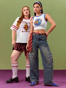 SCOOBY-DOO X SHEIN Women's Summer White Cartoon Football Pattern  Contrast Trim Y2K Workout Crop Tank Top - White - View 9