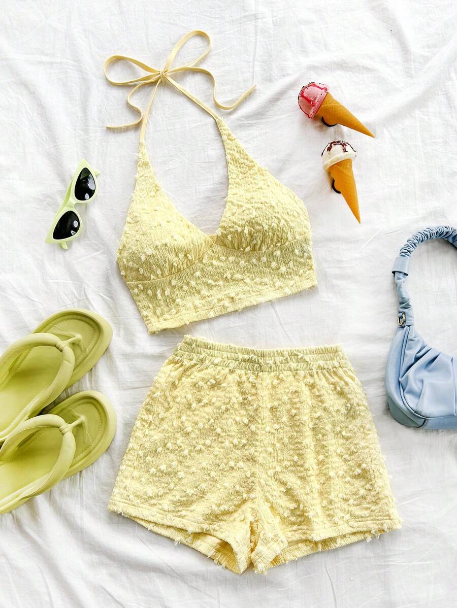 Soleia WYWH假期女性白色波點抽象針織質地深V領露背吊帶上衣配彈性腰短褲套裝，夏季 - 黃色 - 查看 1