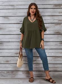 EMERY ROSE Plus Size Women's Vacation Casual Dark Green Mom Blouse With Ruffled Sleeves For Summer - Army Green - View 3