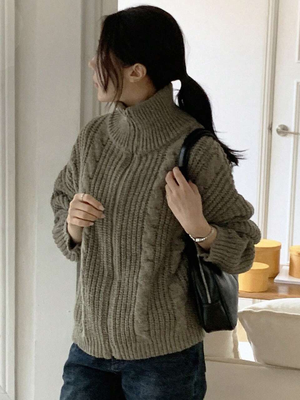 Drop Shoulder Zipper Front Cardigan,Three Quarter Sleeve Tops Jacket