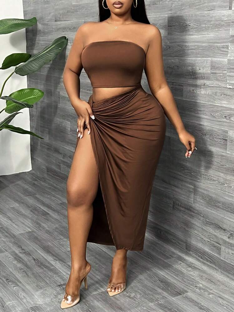 SHEIN SXY 露腿雙層設計套裝，前扭結裁剪，高分裂大腿 - 咖啡棕 - 查看 4