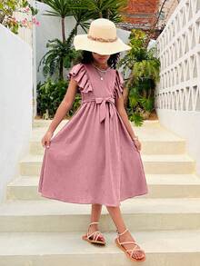 SHEIN Tween Girl Tkana wiosenna sukienka z okrągłym dekoltem, wakacyjna, swobodna mini sukienka z krótkim rękawem - Słodki róż - Zobacz 4