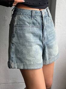 DAZY 高腰卷邊牛仔短褲 - 中等水洗藍 - 查看 6