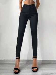 RueChic Solid Cropped Skinny Jeans Without Belt - Navy Blue - View 5