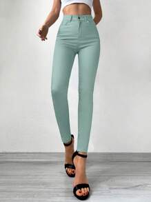 Cottnline Solid Cropped Skinny Jeans - Mint Green - View 3