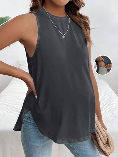 SHEIN Maternity Solid Color Sleeveless Tank Top For Daily Wear