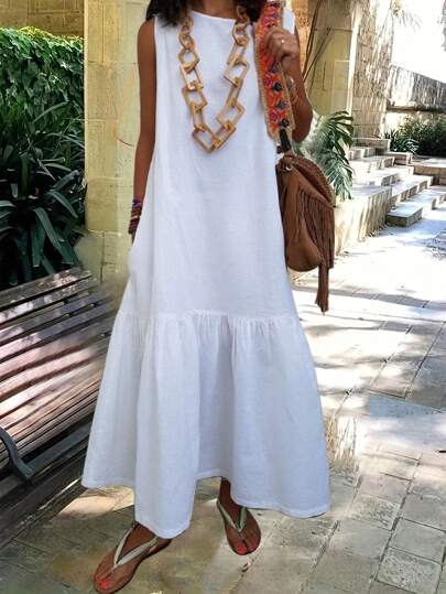 Breezaya 宽松休闲无袖连衣裙，荷叶边下摆，纹理面料，圆领长款女装