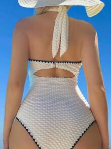 Swim Mod Contrast Binding Cut Out Halter Summer Beach One Piece Swimsuit - White - View 2