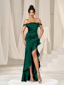Faeriesty Váy dạ hội satin thanh lịch - Hở vai, viền bất đối xứng, xẻ tà, đuôi váy xếp nếp, dáng đuôi cá thanh lịch cho sự quyến rũ trên thảm đỏ, sự kiện cô dâu và tiệc tối - Màu xanh lá cây đậm - Xem 7