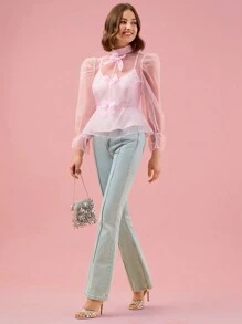 Enchnt 高圓領蝴蝶結前裝飾荷葉邊襯衫，無背心上衣 - 粉色 - 查看 6