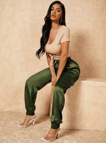 SHEIN SXY 軍綠色春夏緞面抽繩腰黑色休閒女裝長褲 - 軍綠色 - 查看 4