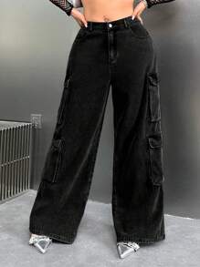 SHEIN EZwear Jeans casuales holgados de pierna ancha negro talla grande para mujer con diseño tipo novio y múltiples bolsillos de carga - Negro - Ver 3