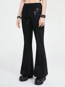 ROMWE Grunge Punk Y2K豹紋十字繡花女式喇叭褲 - 黑色 - 查看 3