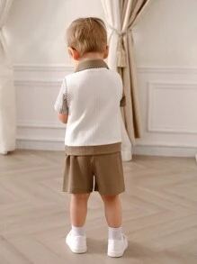 Souflis Souflis Baby Boys' Spring/Summer Casual Color Block Texture Comfortable Top And Shorts Set, Versatile