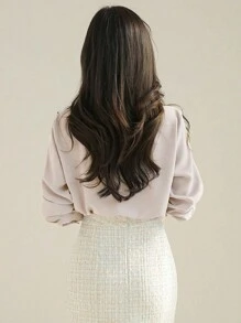 DAZY 纯色纽扣前长袖衬衫，简约工作服，返校服 - 米色 - 查看 3