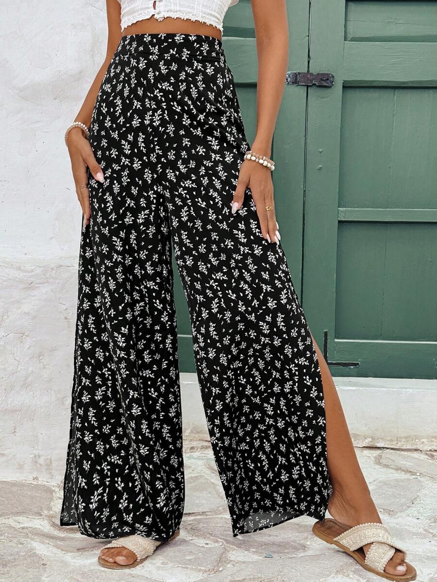 SHEIN Frenchy Women's Random Printed Simple Daily Long Pants - Black - View 1