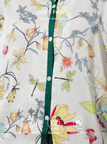 LUVLETTE 秋冬季碎花缎面长款女士睡衣套装休闲套装内衣秋季睡衣 - 綠色 - 查看 6