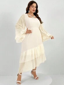 Modelyn Plus Crisscross Front Flounce Sleeve Ruffle Hem Dress, Wedding/Occasion/Ceremony/Evening Elegant Long Party Dress - Apricot - View 3