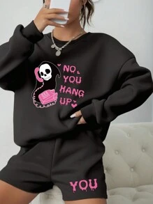 SHEIN 2 pezzi Set casual da donna con felpa con cappuccio in pile con stampa di fulmini e lettere e pantaloncini larghi, ideale per Ognissanti - nero - Visualizzare 3
