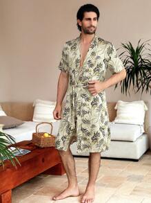 Manfinity ChillVibe Men Tropical Print Belted Robe & Shorts - Yellow - View 1
