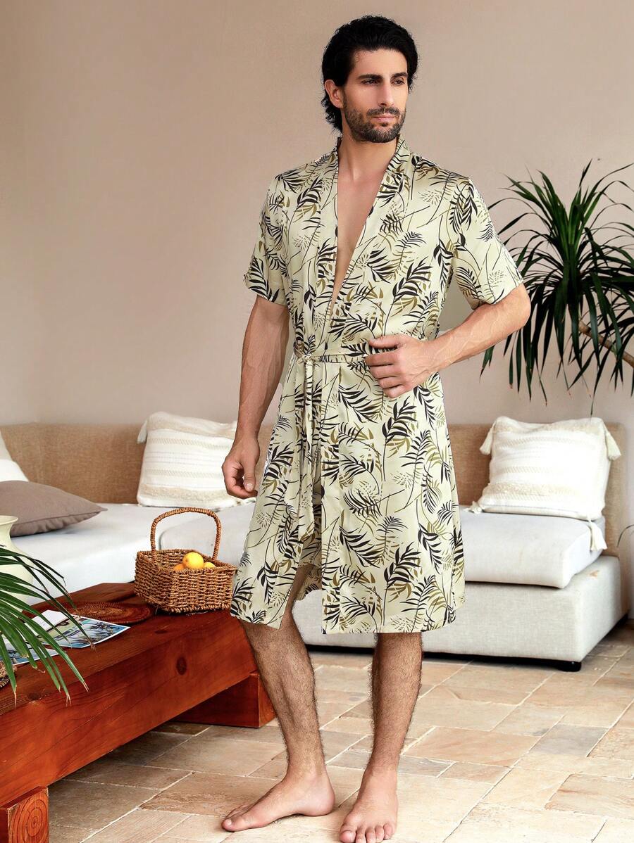 Manfinity ChillVibe Men Tropical Print Belted Robe & Shorts - Yellow - View 1